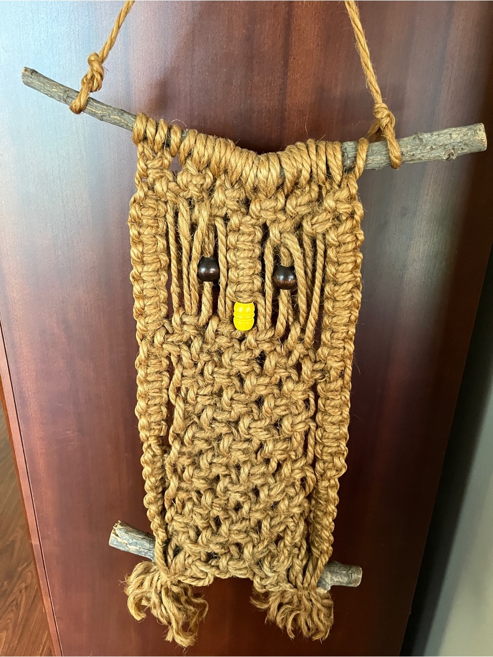 Vintage 70s MCM Handmade Jute Macrame Braided Hanging Owl Wall Decor